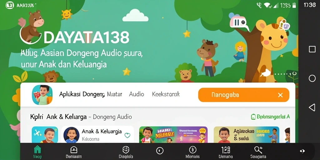 Tampilan antarmuka aplikasi DAYA138 dengan pilihan cerita dongeng audio.